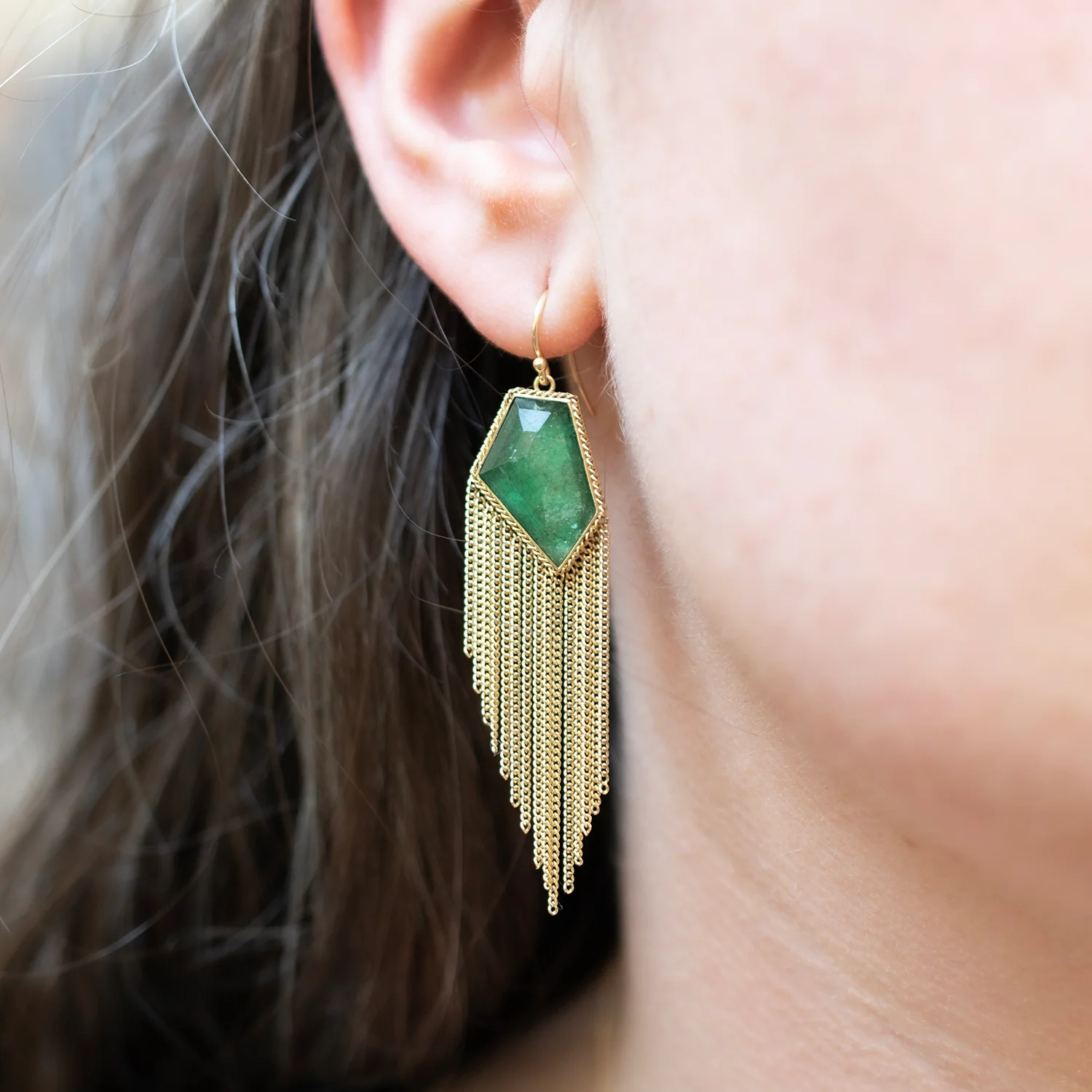 Emerald Gold Tassel Earrings - Image 2