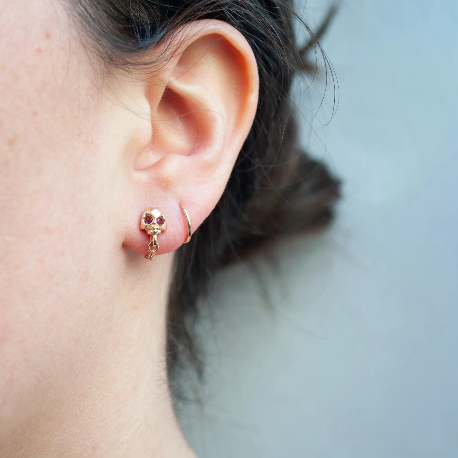 Gold Ruby Skull & Chain Earrings - Image 2