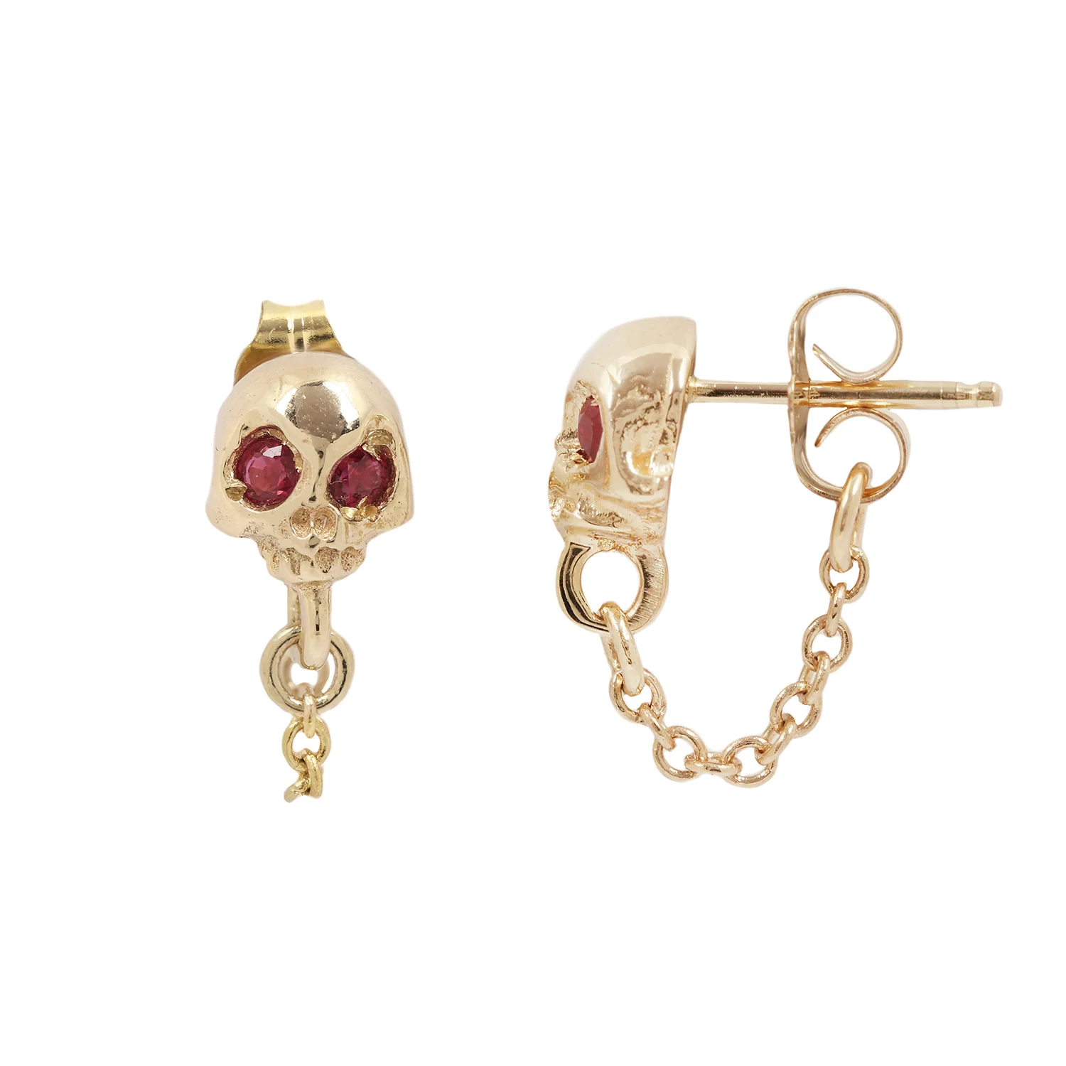 Gold Ruby Skull & Chain Earrings - Image 3
