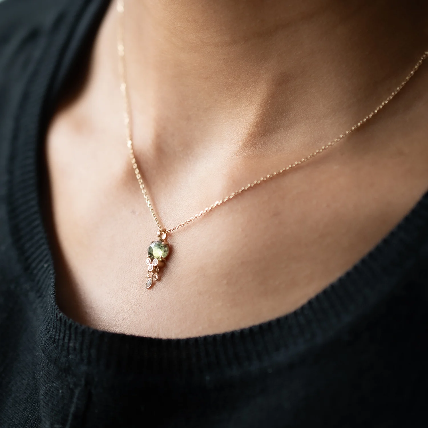 Dark Green Tourmaline & Diamonds Jellyfish Necklace - Image 2
