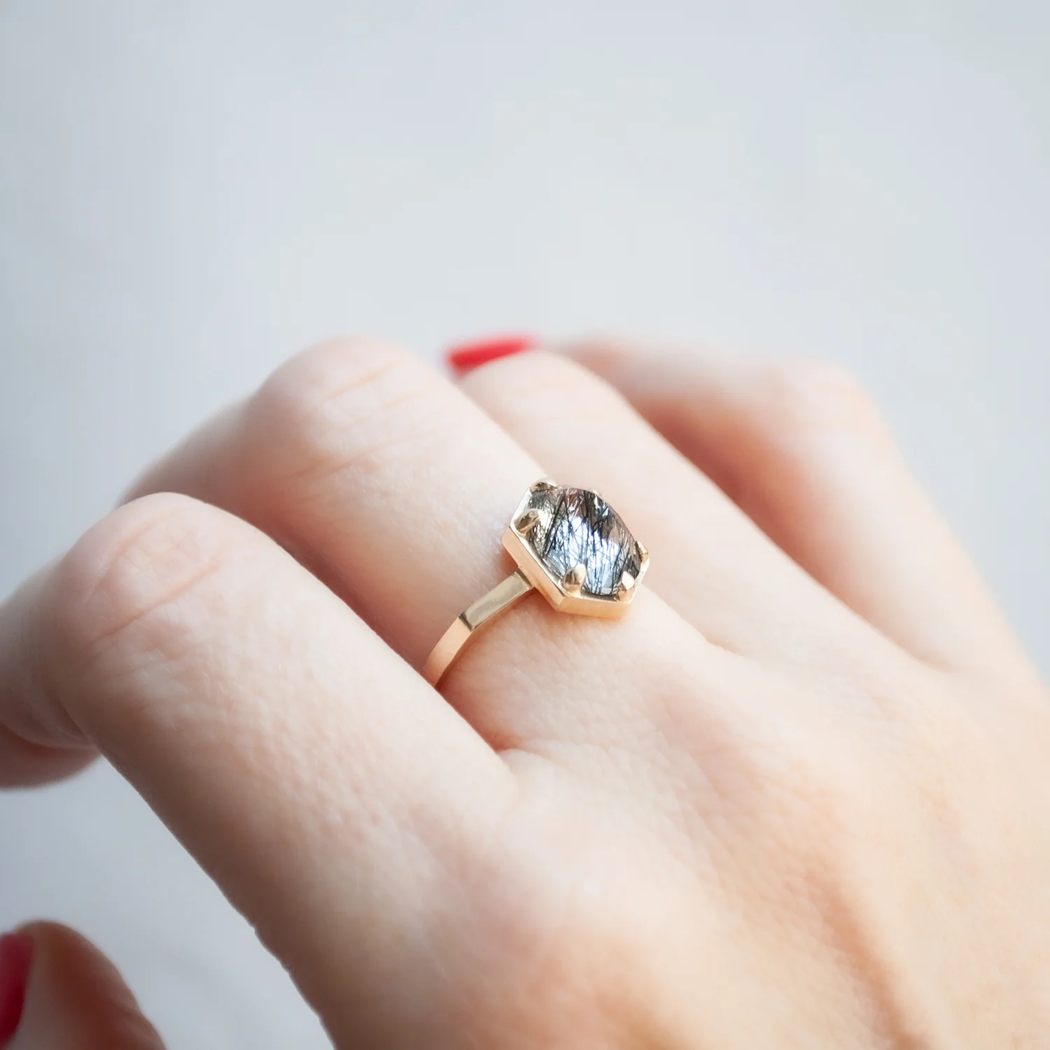 Black Tourmalated Hexagon Quartz Ring - Image 2