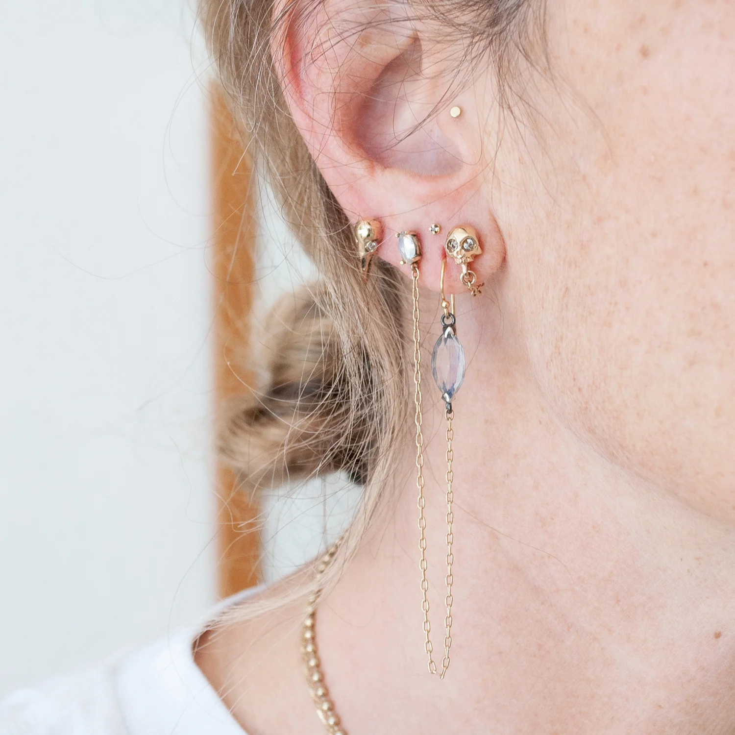 Gold Skull + Chain Earrings - Image 3