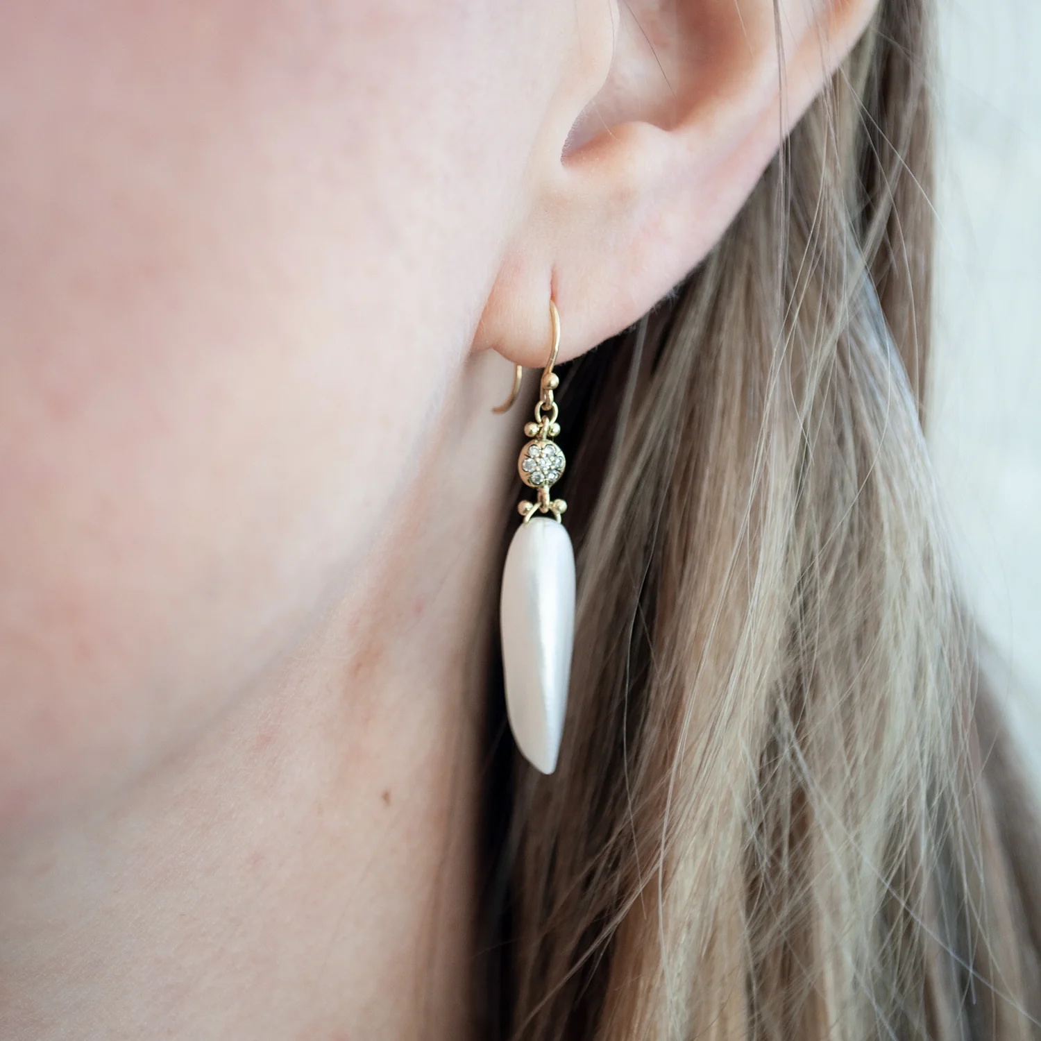Pearl & Diamond Button Drop Earrings - Image 2